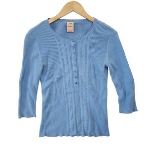 Y2K Faded Glory Blue Cable Knit‎ Button Front 3/4 Sleeve Top Womens M Preppy